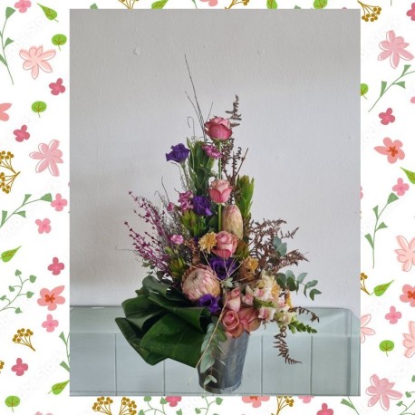 Protea & Rose Rustic Arrangement in Galvanized Bucket