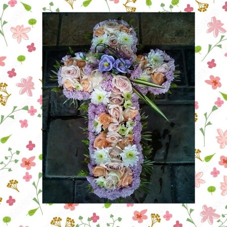 Pastel Rose & Chrysanthemum Floral Cross Tribute