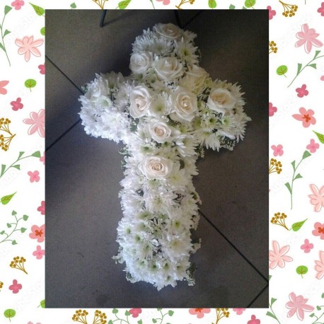 Pure White Rose & Chrysanthemum Cross Tribute